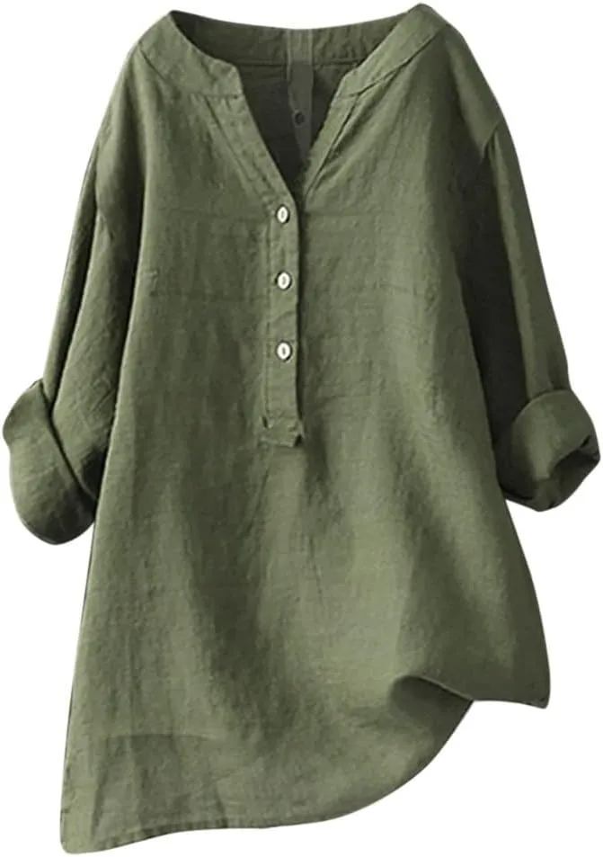 Cotton Linen Roll Up Shirt Women Lapel Collar Button Up Shirts Long Sleeve Tee Top Oversized Comfortable Summer Shirt