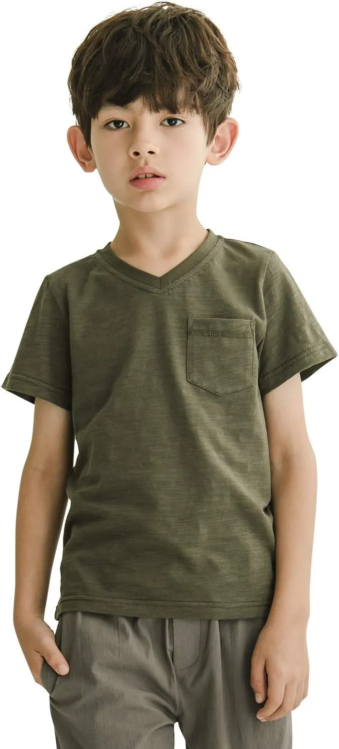 CUNYI Little Boys' V-Neck Pocket T-Shirt 100% Cotton Short Sleeve Solid Summer Tops