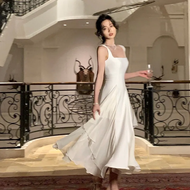 deanwangkt French Elegant Ruffles White Midi Dresses  Summer New Evening Party Women Clothes Fashion Sundress Birthday Ladies Dresses