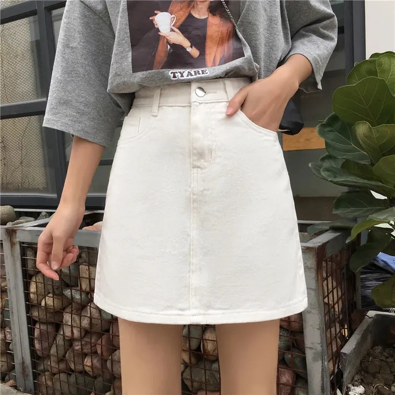 Denim Skirts Womens Summer Solid White Black Basic High Waist Short Skirt Femme A-line Women Elegant Students School Sundress