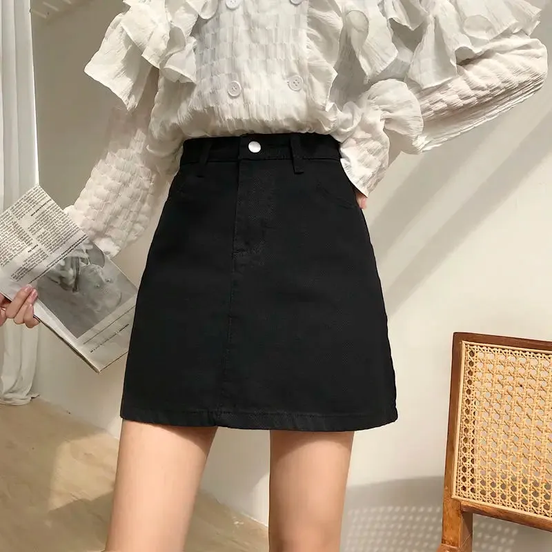 Denim Skirts Womens Summer Solid White Black Basic High Waist Short Skirt Femme A-line Women Elegant Students School Sundress