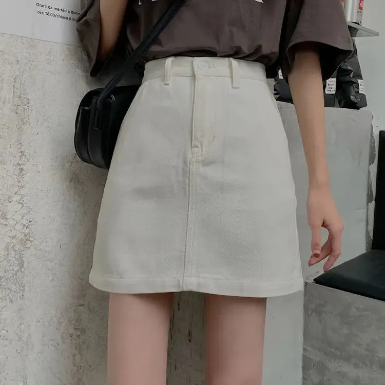 Denim Skirts Womens Summer Solid White Black Basic High Waist Short Skirt Femme A-line Women Elegant Students School Sundress