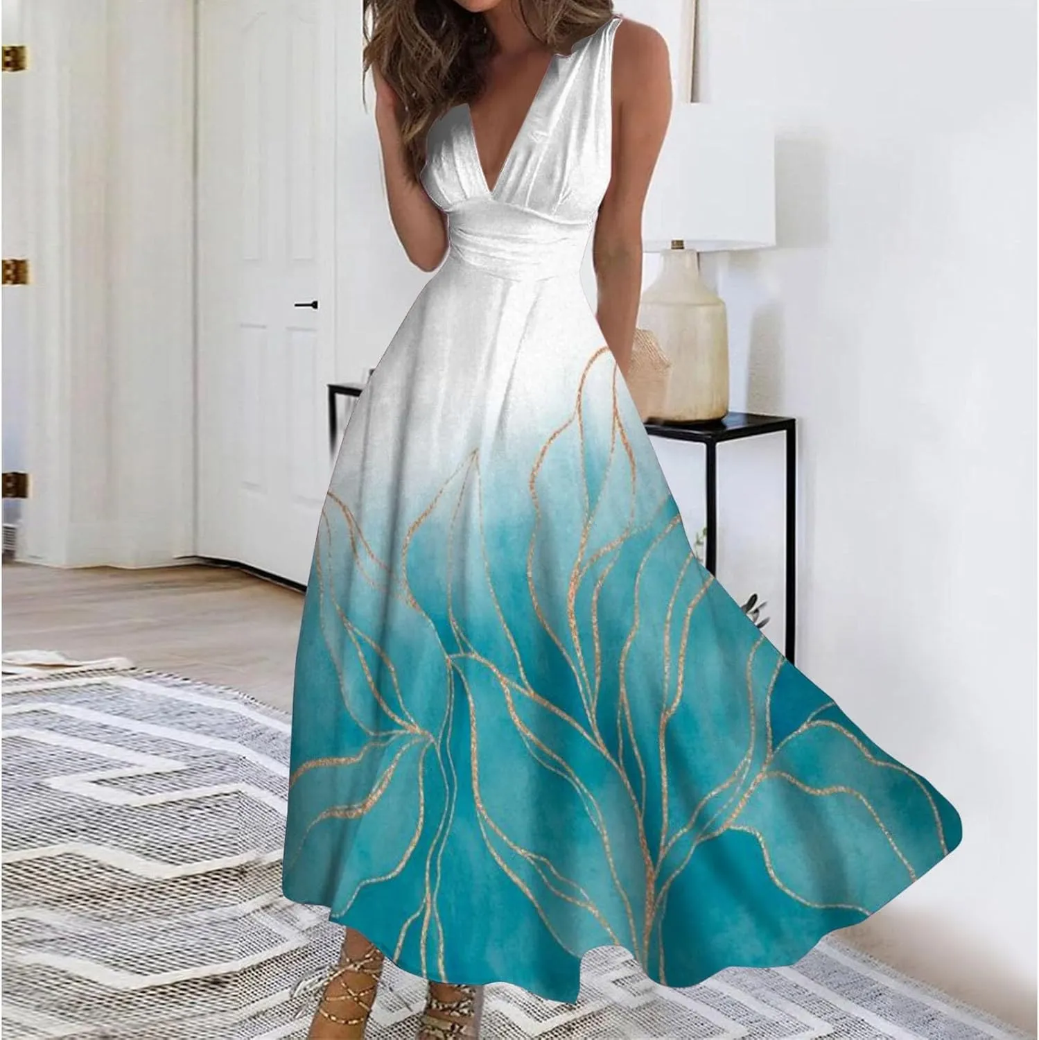 Dresses for Women 2024 Casual Printed Deep V Neck Sundress Elegant High Waist Flowy Swing Maxi Dresses Summer Dress