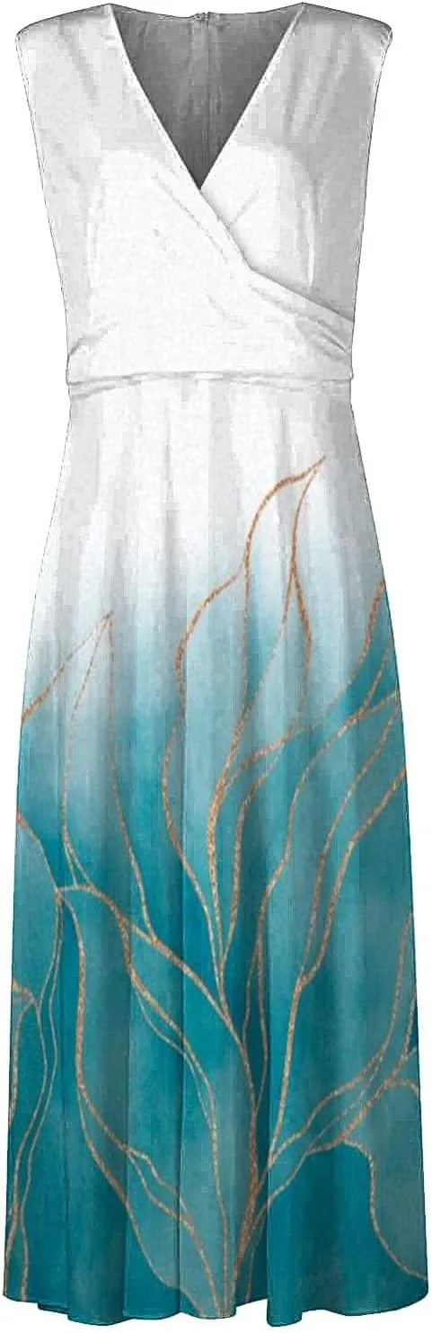 Dresses for Women 2024 Casual Printed Deep V Neck Sundress Elegant High Waist Flowy Swing Maxi Dresses Summer Dress