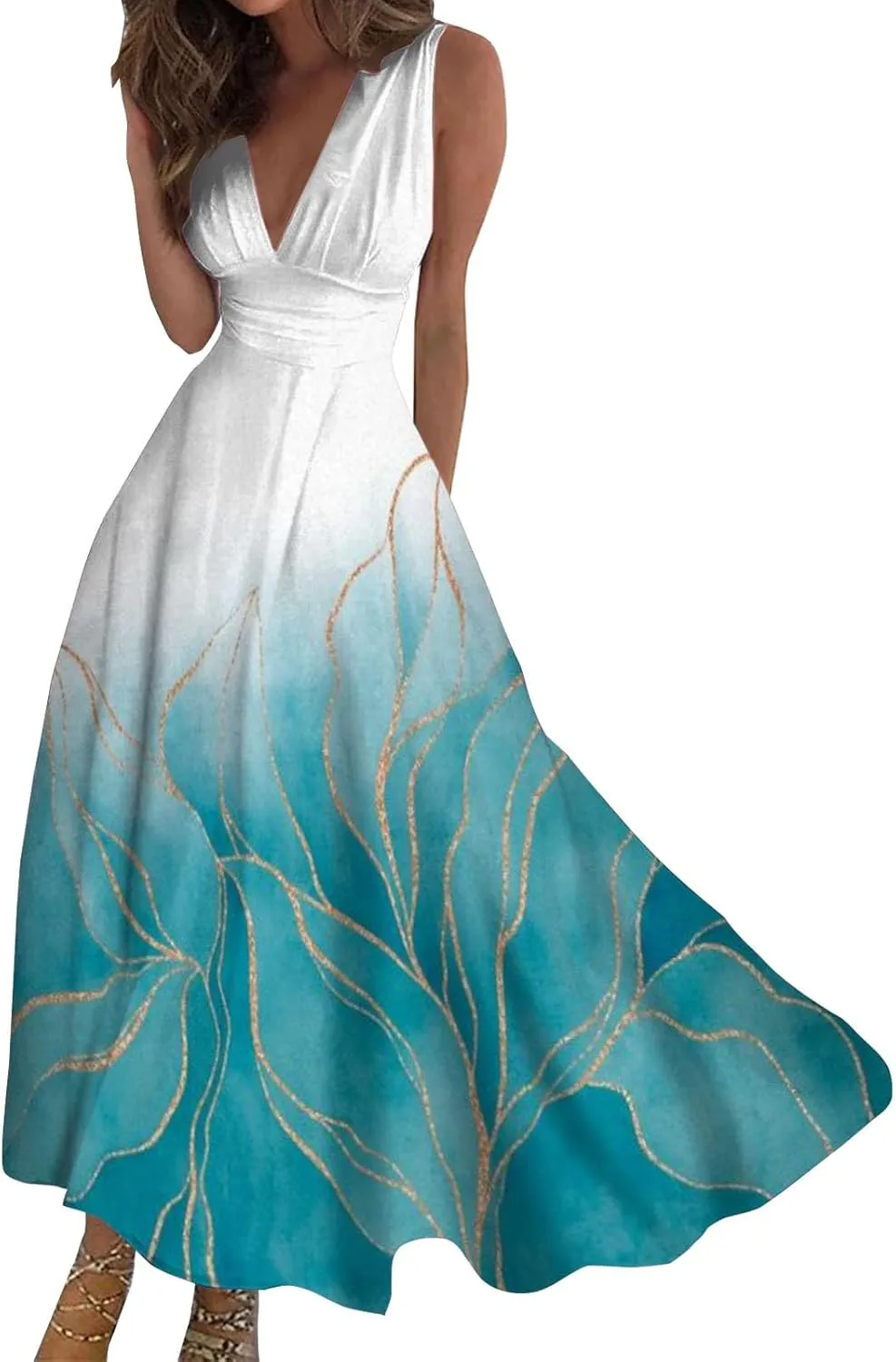 Dresses for Women 2024 Casual Printed Deep V Neck Sundress Elegant High Waist Flowy Swing Maxi Dresses Summer Dress