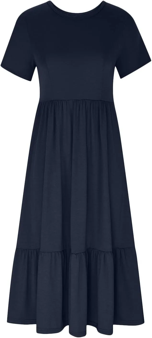 Elegant Dresses for Women 2024 Summer Short Sleeve Ruched Tiered Flowy Dresses Round Neck Loose Fit Pockets Dresses