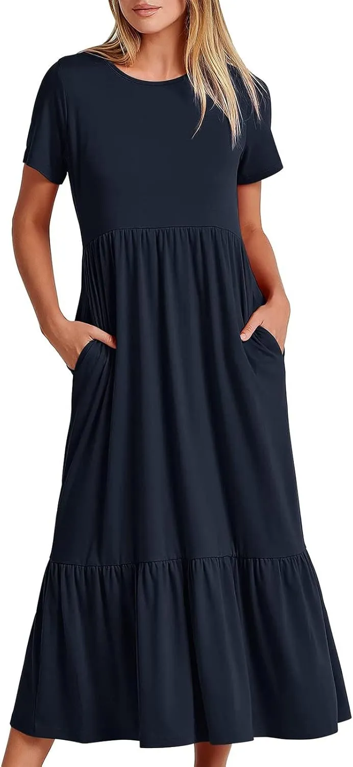 Elegant Dresses for Women 2024 Summer Short Sleeve Ruched Tiered Flowy Dresses Round Neck Loose Fit Pockets Dresses
