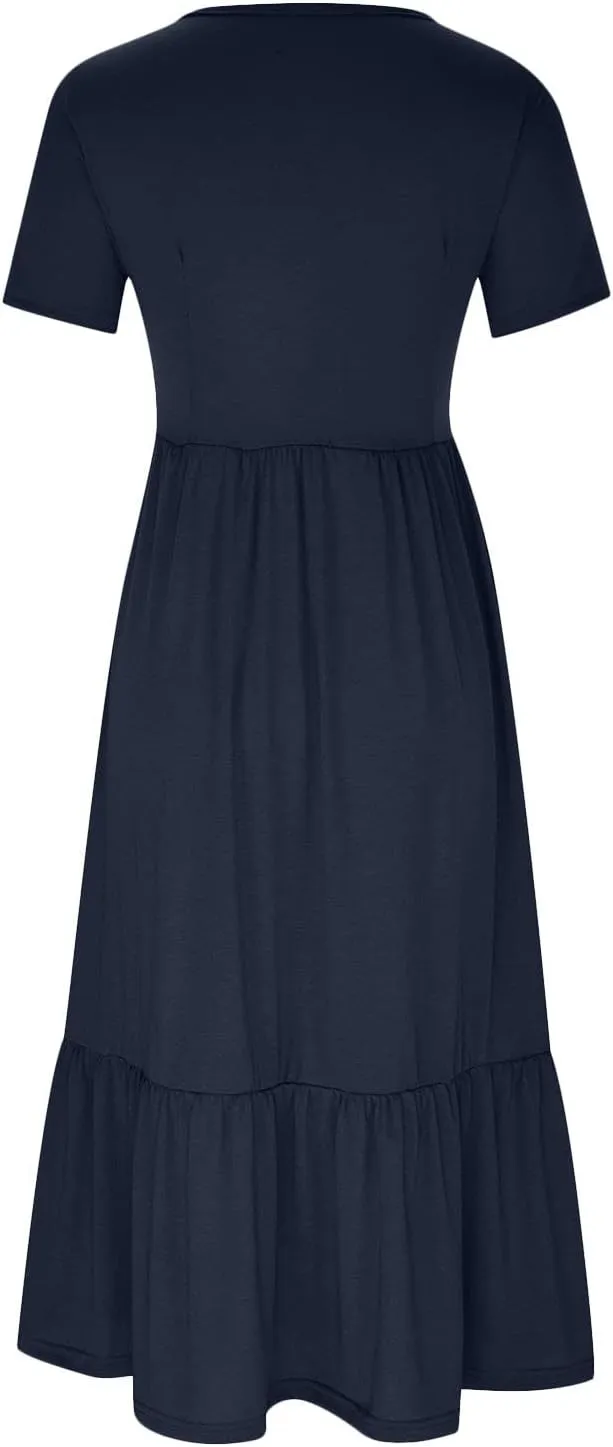 Elegant Dresses for Women 2024 Summer Short Sleeve Ruched Tiered Flowy Dresses Round Neck Loose Fit Pockets Dresses