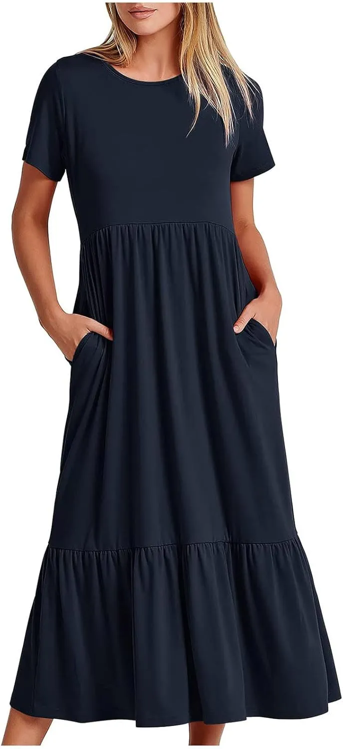 Elegant Dresses for Women 2024 Summer Short Sleeve Ruched Tiered Flowy Dresses Round Neck Loose Fit Pockets Dresses