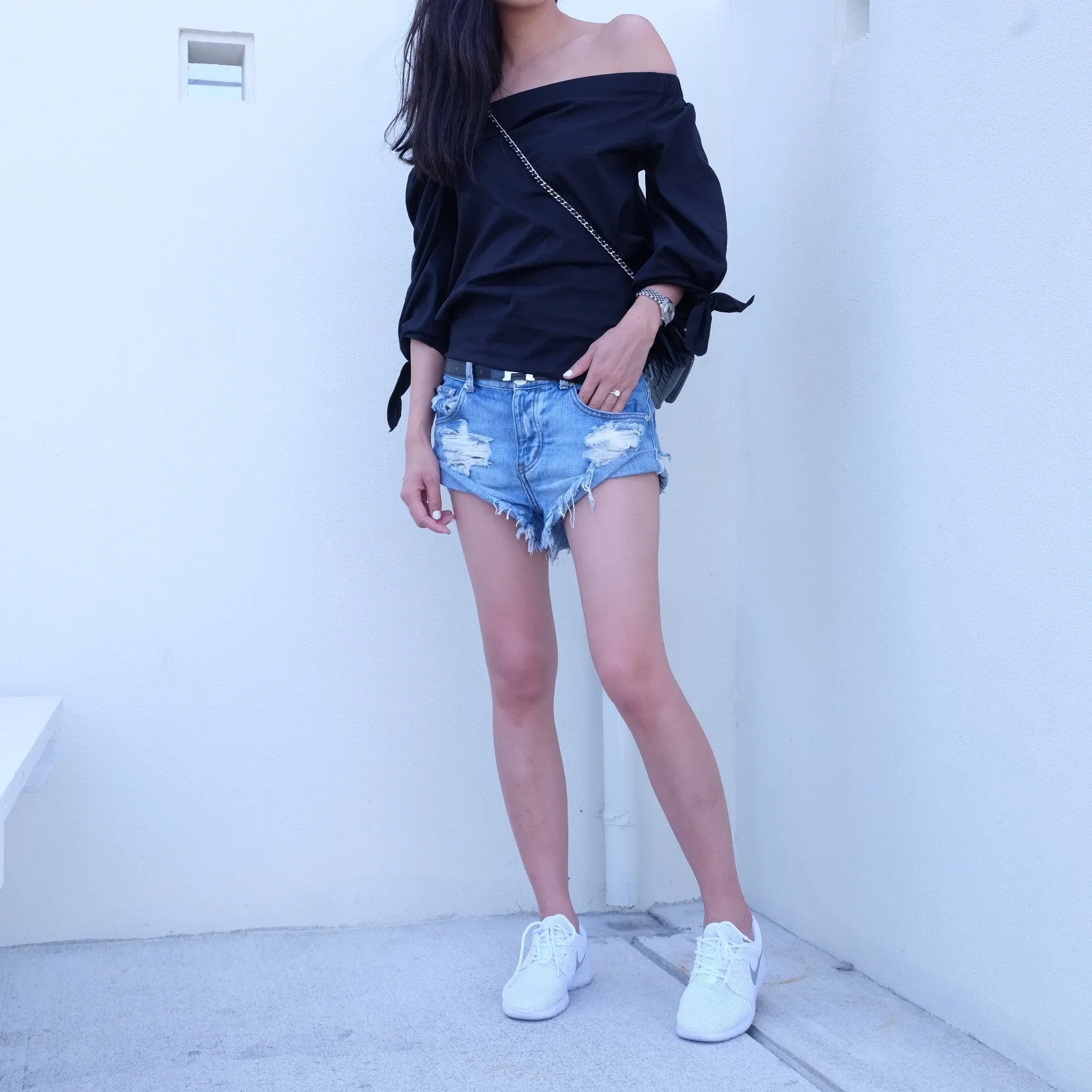 Fallon Longline Off-Shoulder Shirt -Black