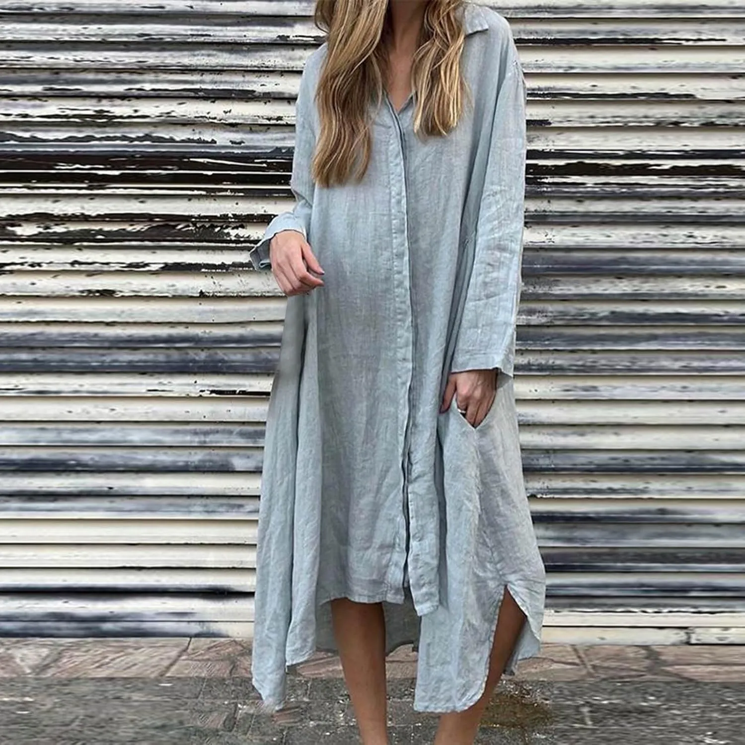 Finelylove Womens Summer Maxi Dresses 2025 Long Sleeve Button Down Shirt Dress Plus Size Cotton Linen Beach Vacation Dress