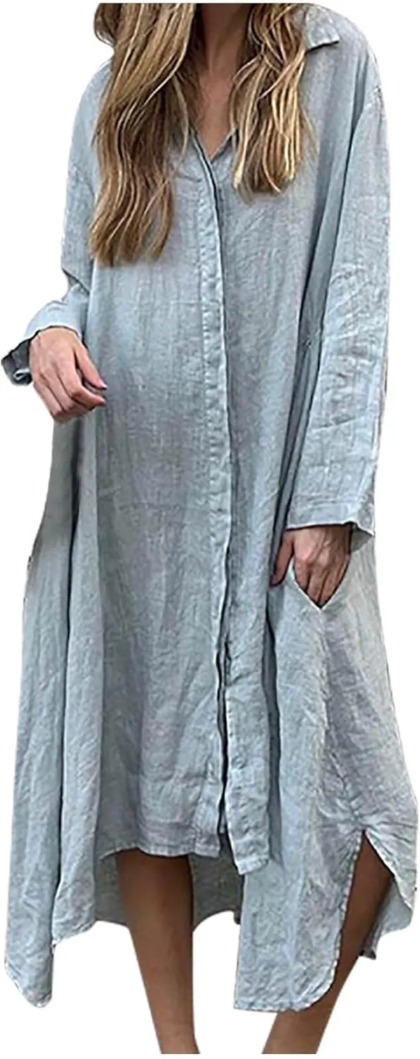 Finelylove Womens Summer Maxi Dresses 2025 Long Sleeve Button Down Shirt Dress Plus Size Cotton Linen Beach Vacation Dress