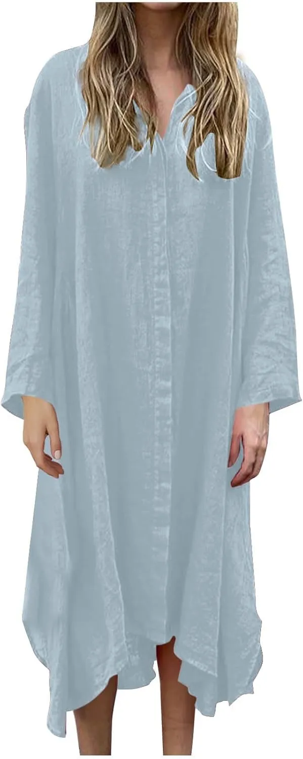 Finelylove Womens Summer Maxi Dresses 2025 Long Sleeve Button Down Shirt Dress Plus Size Cotton Linen Beach Vacation Dress
