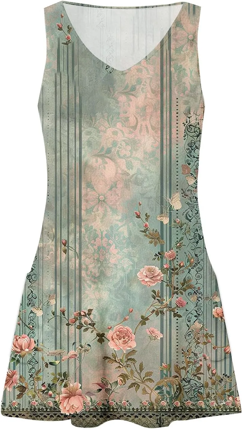 Floral Dresses for Women Sleeveless Casual Summer Mini Dress V Neck Vacation Sundress Beach Outfits