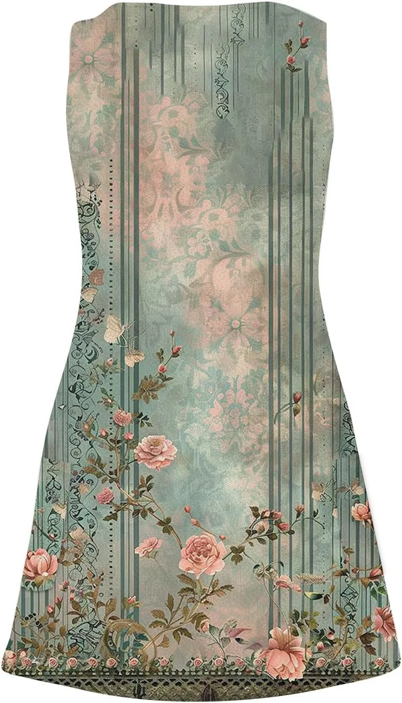 Floral Dresses for Women Sleeveless Casual Summer Mini Dress V Neck Vacation Sundress Beach Outfits