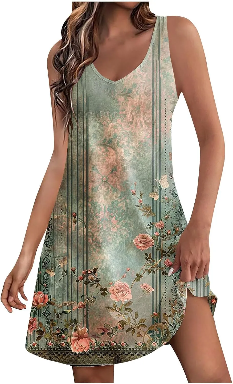 Floral Dresses for Women Sleeveless Casual Summer Mini Dress V Neck Vacation Sundress Beach Outfits
