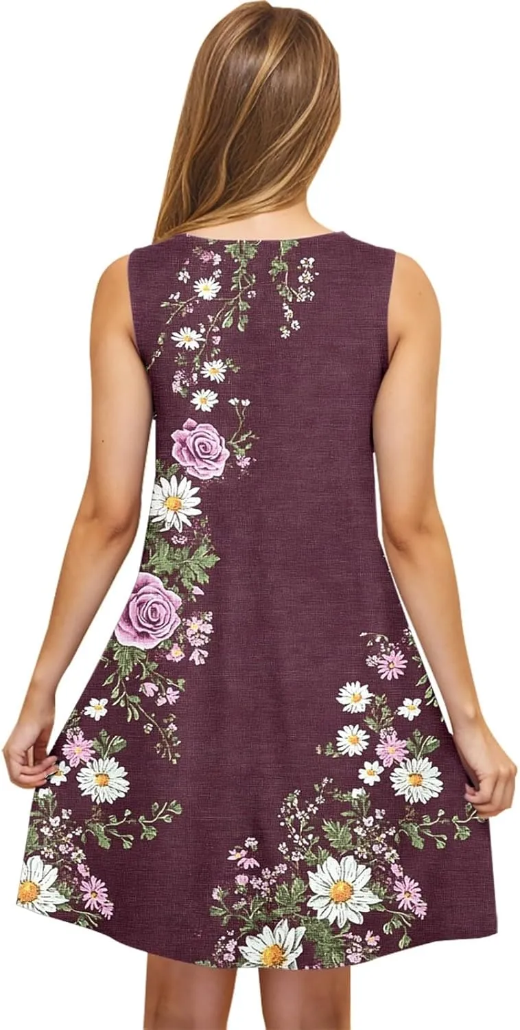 Floral Dresses for Women Summer Sleeveless Beach Dresses Casual Boho Flowy Party Dress Swing A-Line Sundress