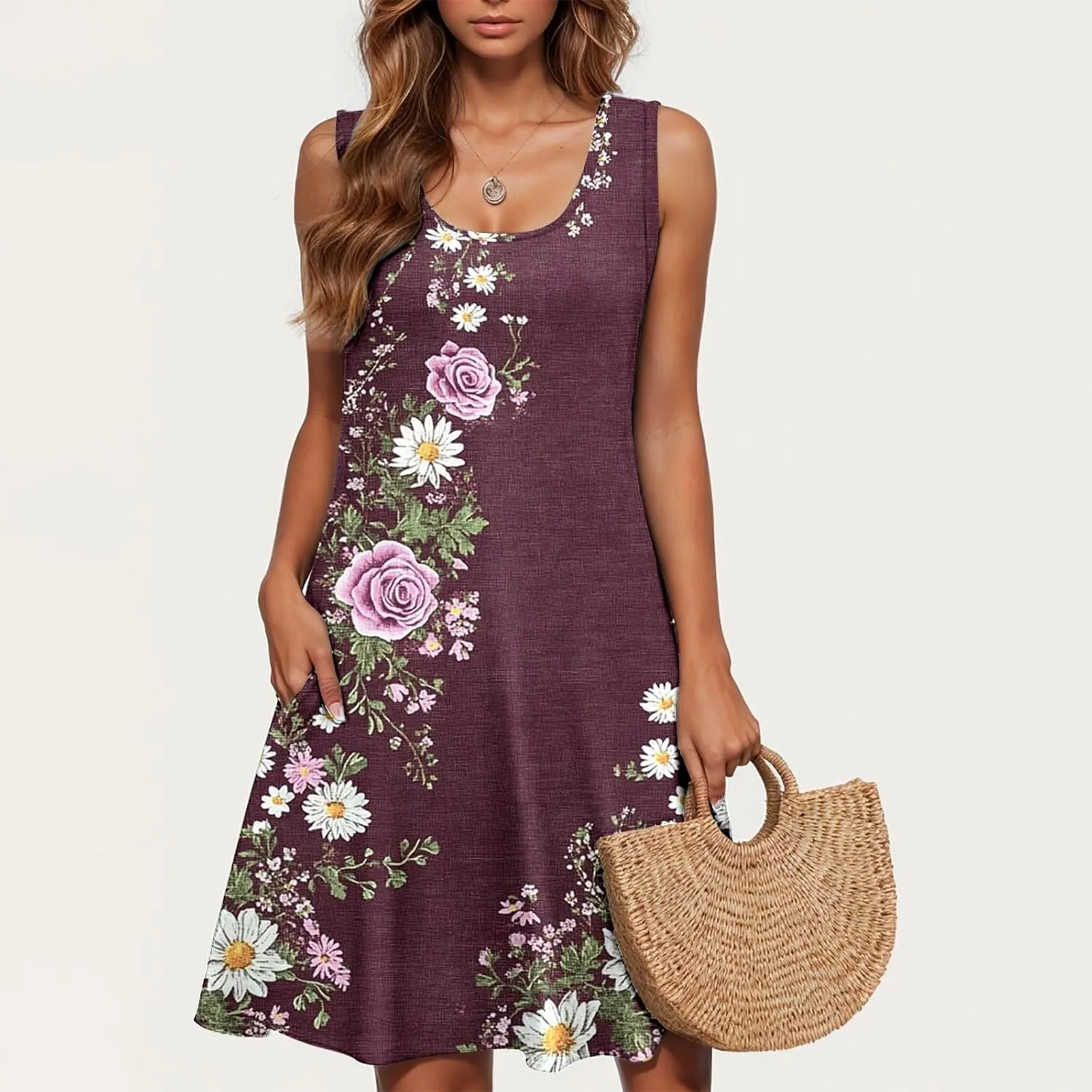 Floral Dresses for Women Summer Sleeveless Beach Dresses Casual Boho Flowy Party Dress Swing A-Line Sundress