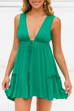 Forest Green Ruffled Drawstring Flowy Dress