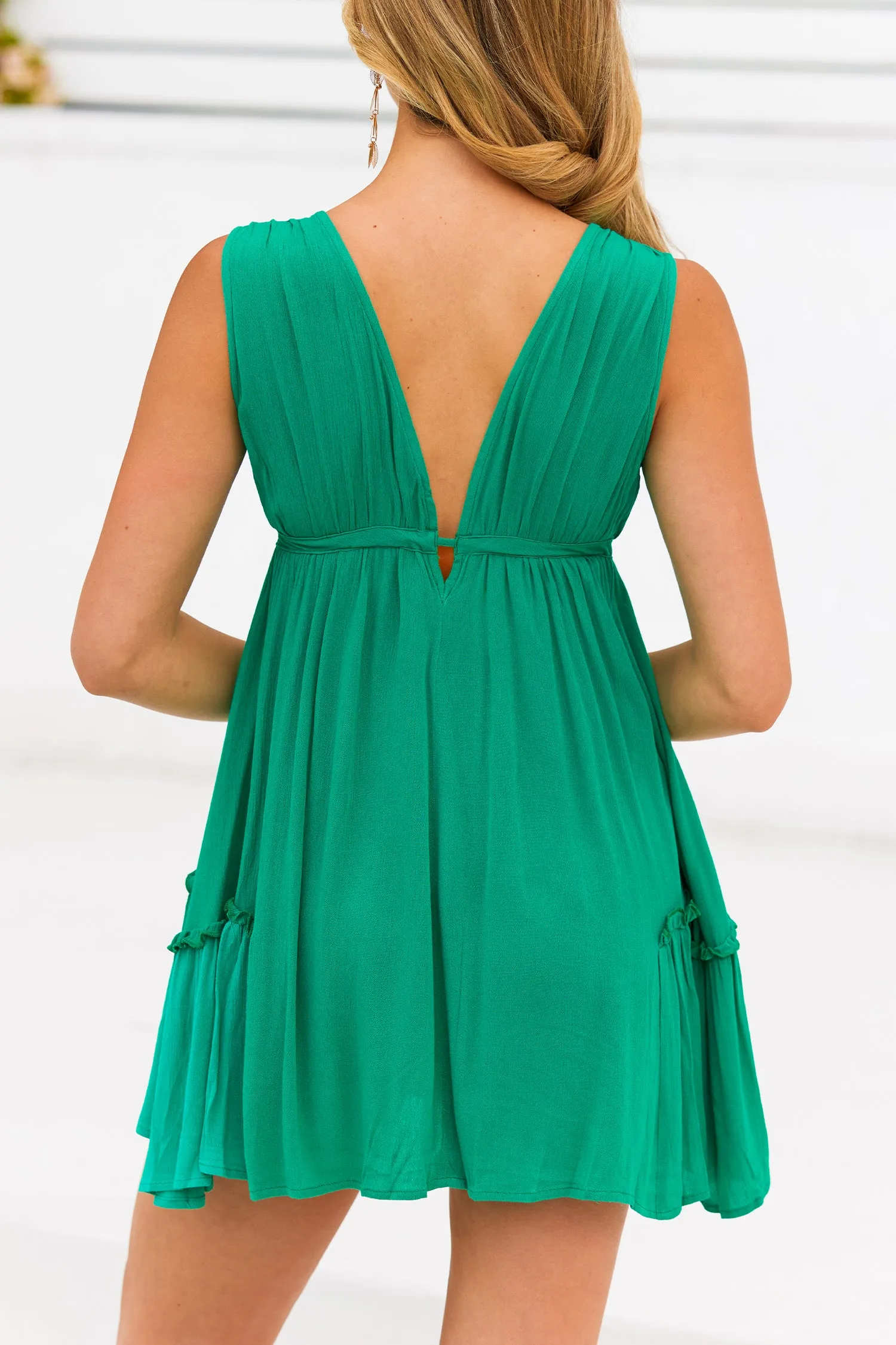 Forest Green Ruffled Drawstring Flowy Dress
