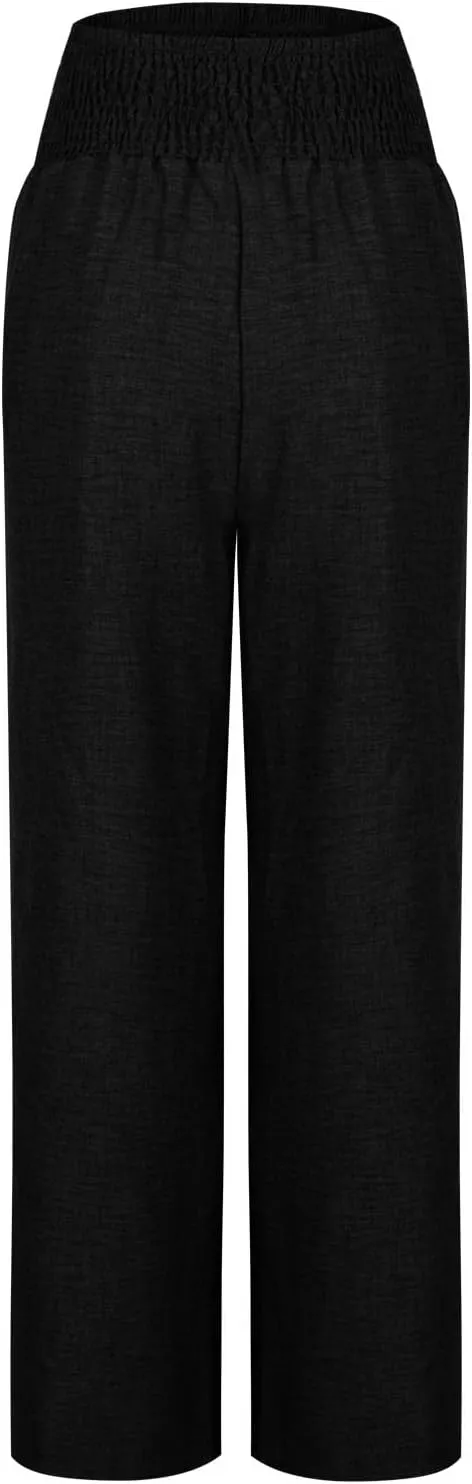 FZYLQY Smocked Waist Wide Leg Trousers for Women Lightweight Loose Fit Straight Pants with Pockets Chic Look 2025 Fashion