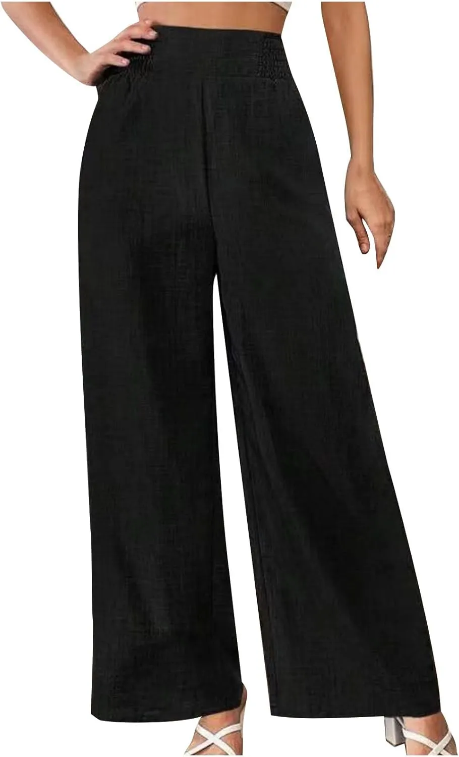 FZYLQY Smocked Waist Wide Leg Trousers for Women Lightweight Loose Fit Straight Pants with Pockets Chic Look 2025 Fashion