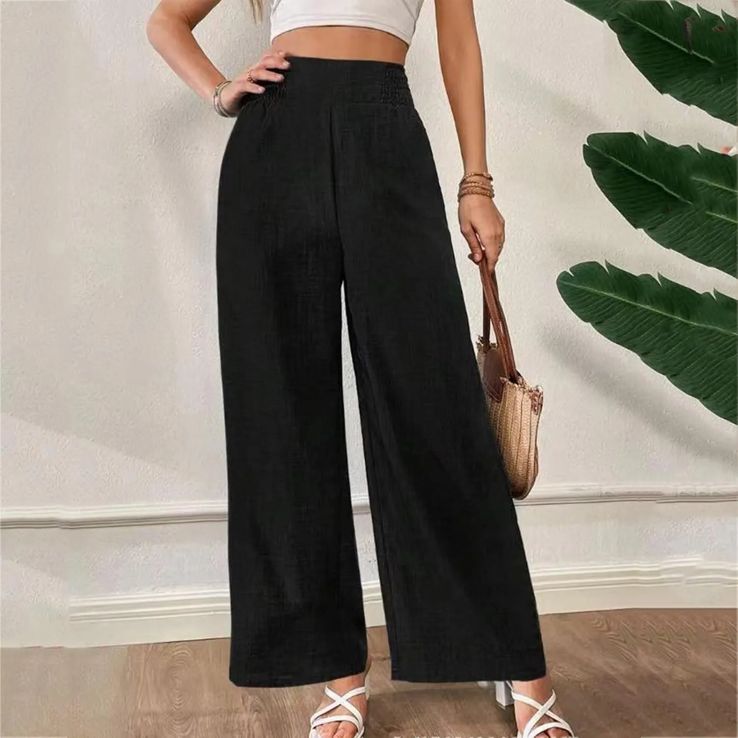 FZYLQY Smocked Waist Wide Leg Trousers for Women Lightweight Loose Fit Straight Pants with Pockets Chic Look 2025 Fashion
