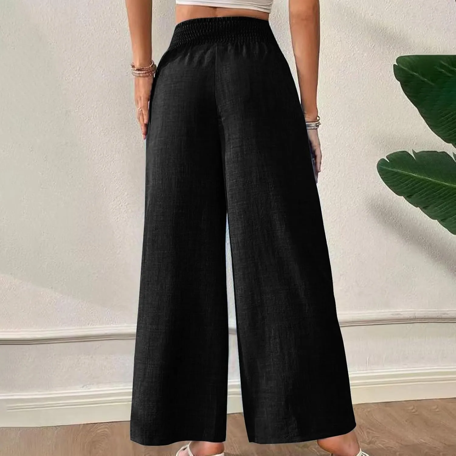 FZYLQY Smocked Waist Wide Leg Trousers for Women Lightweight Loose Fit Straight Pants with Pockets Chic Look 2025 Fashion