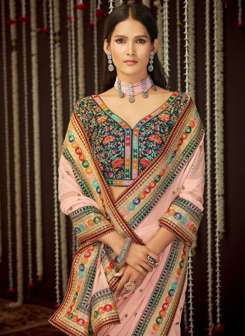 Georgette Pink Color Wedding Wear Embroidery Saree