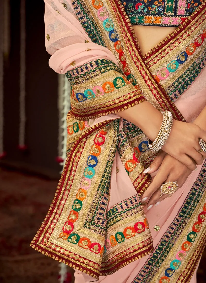 Georgette Pink Color Wedding Wear Embroidery Saree