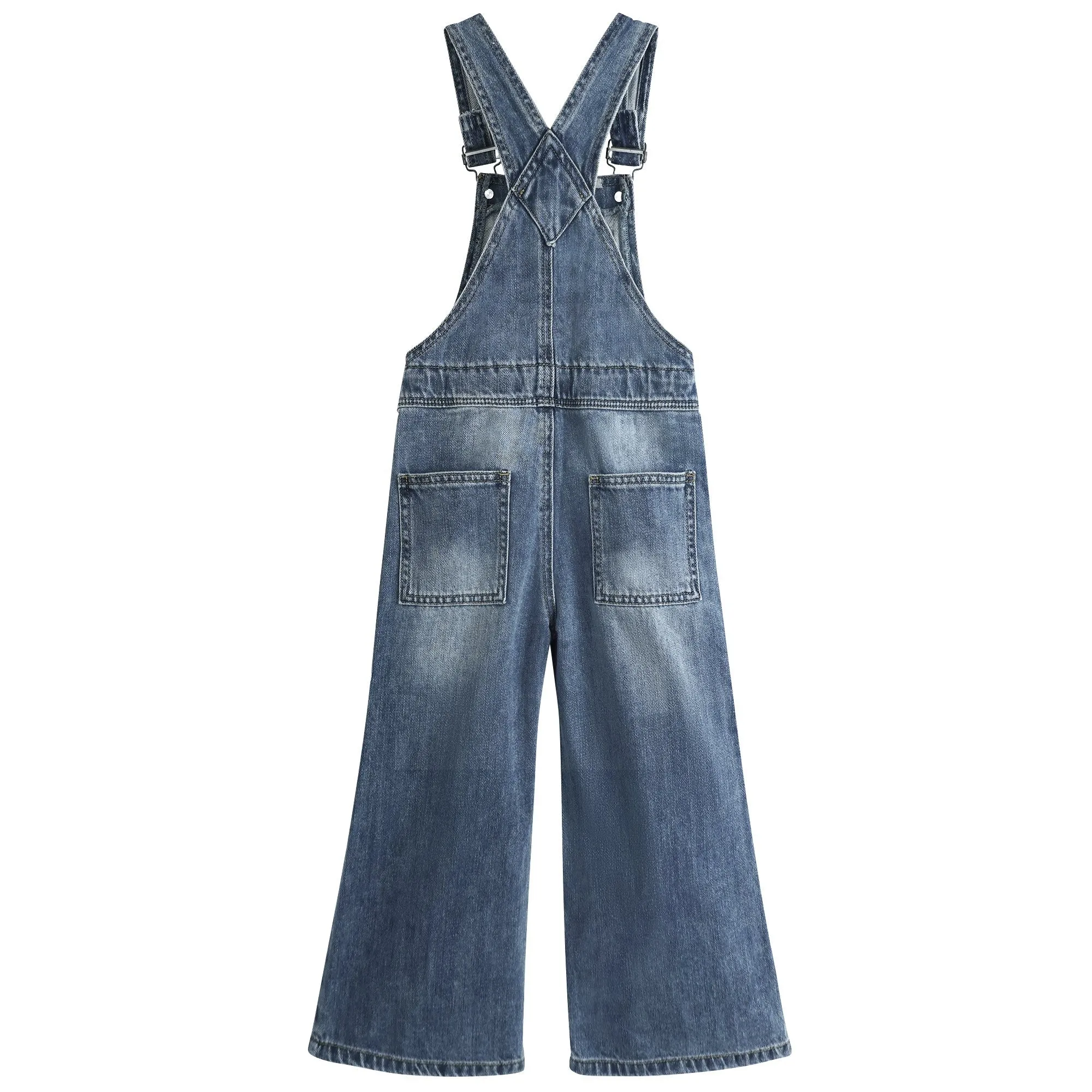 Girls Denim Overalls,Little Big Kids Wide Leg Elastic Inside Jean Dungarees Flared Pants