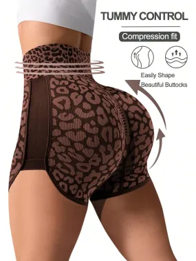 High Waist Seamless Leopard Print Stretchy Yoga Shorts FW24