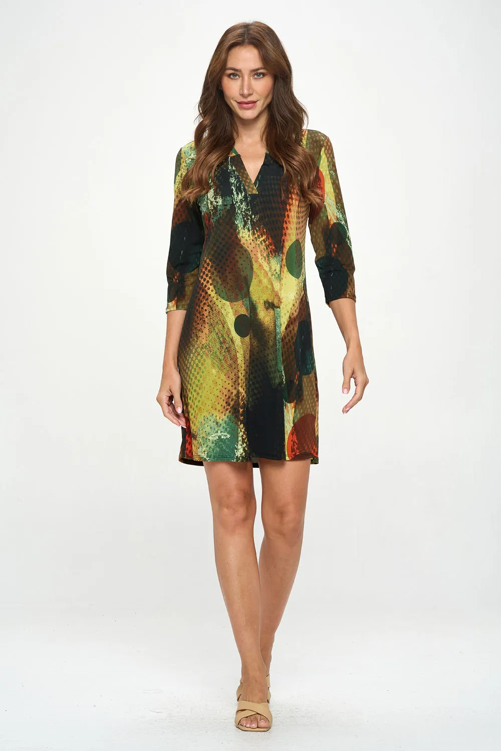HIT Notch Neck Quarter Sleeve Print Dress-7076HT-QRP1-W412