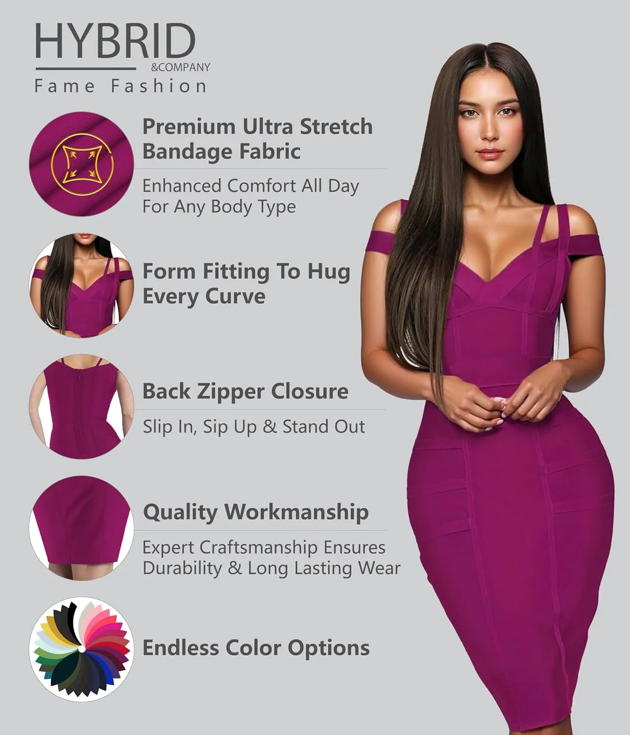 Hybrid & Company Womens Elegance V Neck Stretch Chic Bandage Dress