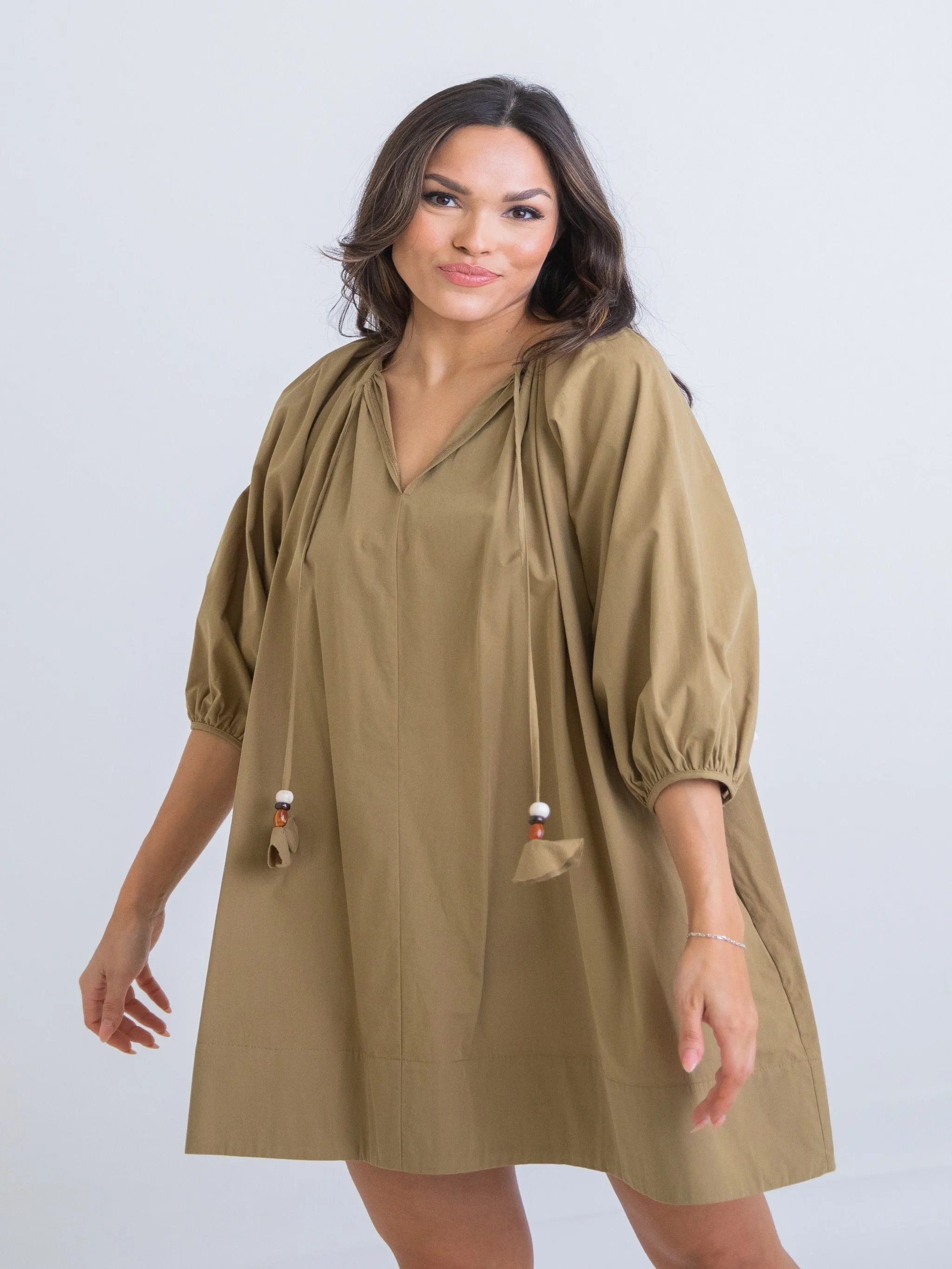Karlie V-Neck Poplin Swing Dress - Avocado