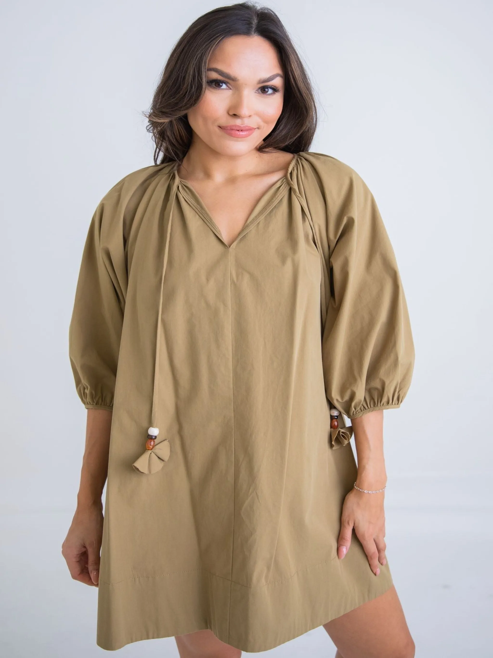 Karlie V-Neck Poplin Swing Dress - Avocado
