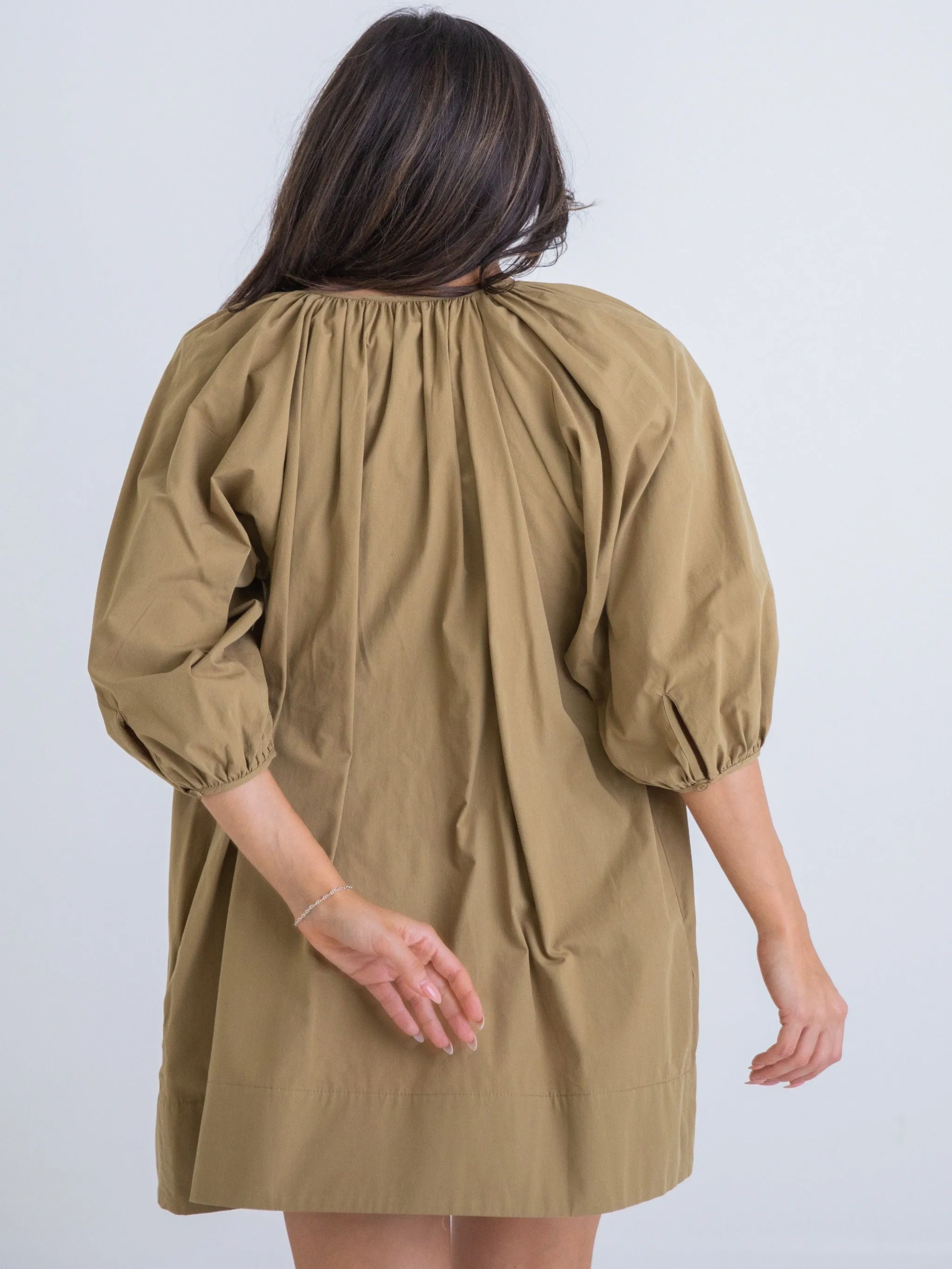 Karlie V-Neck Poplin Swing Dress - Avocado