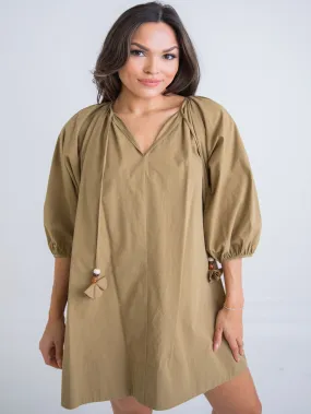 Karlie V-Neck Poplin Swing Dress - Avocado