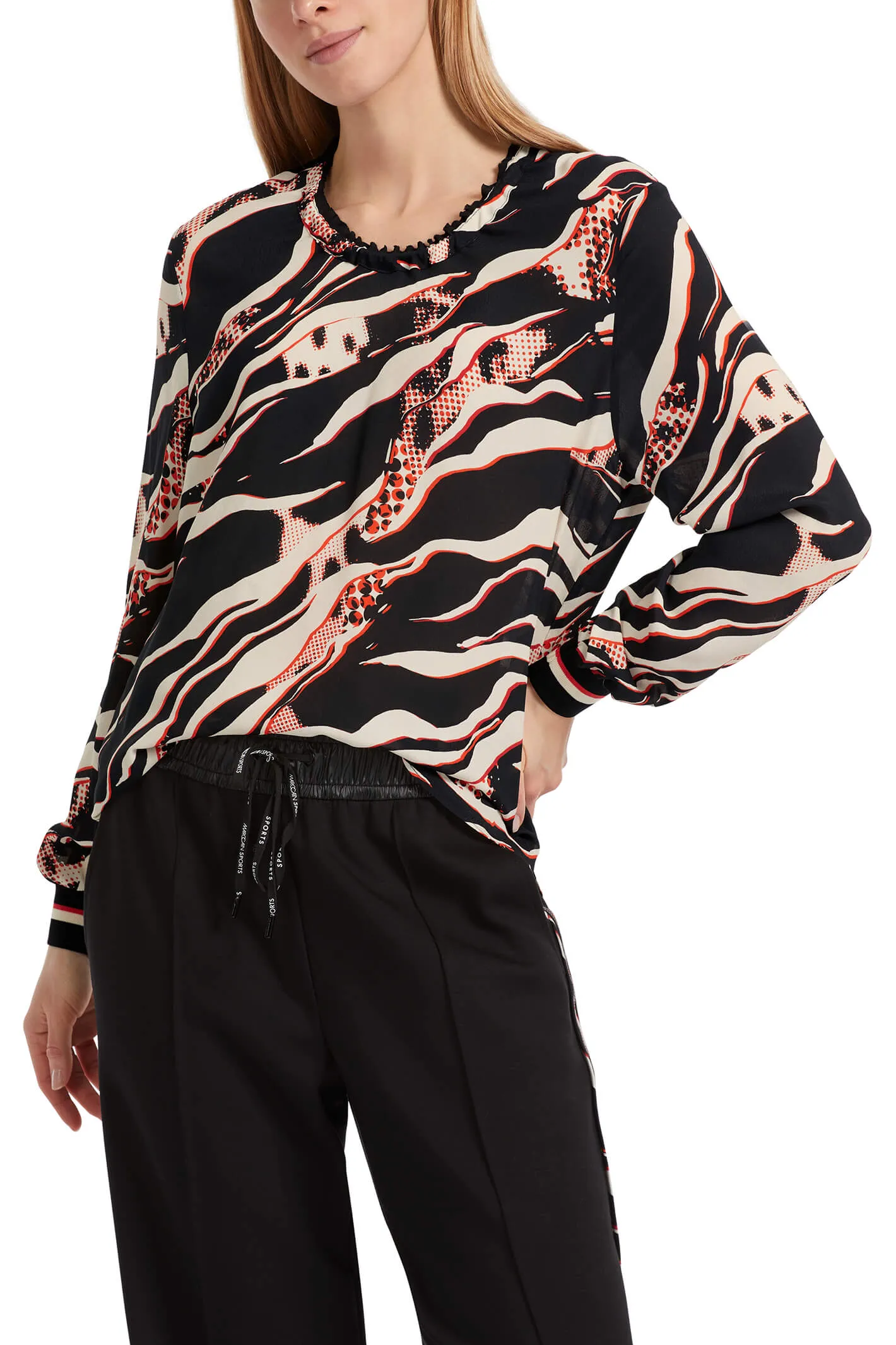 Marc Cain Sports VS 51.11 W38 278 Black Campari Orange Print Blouse