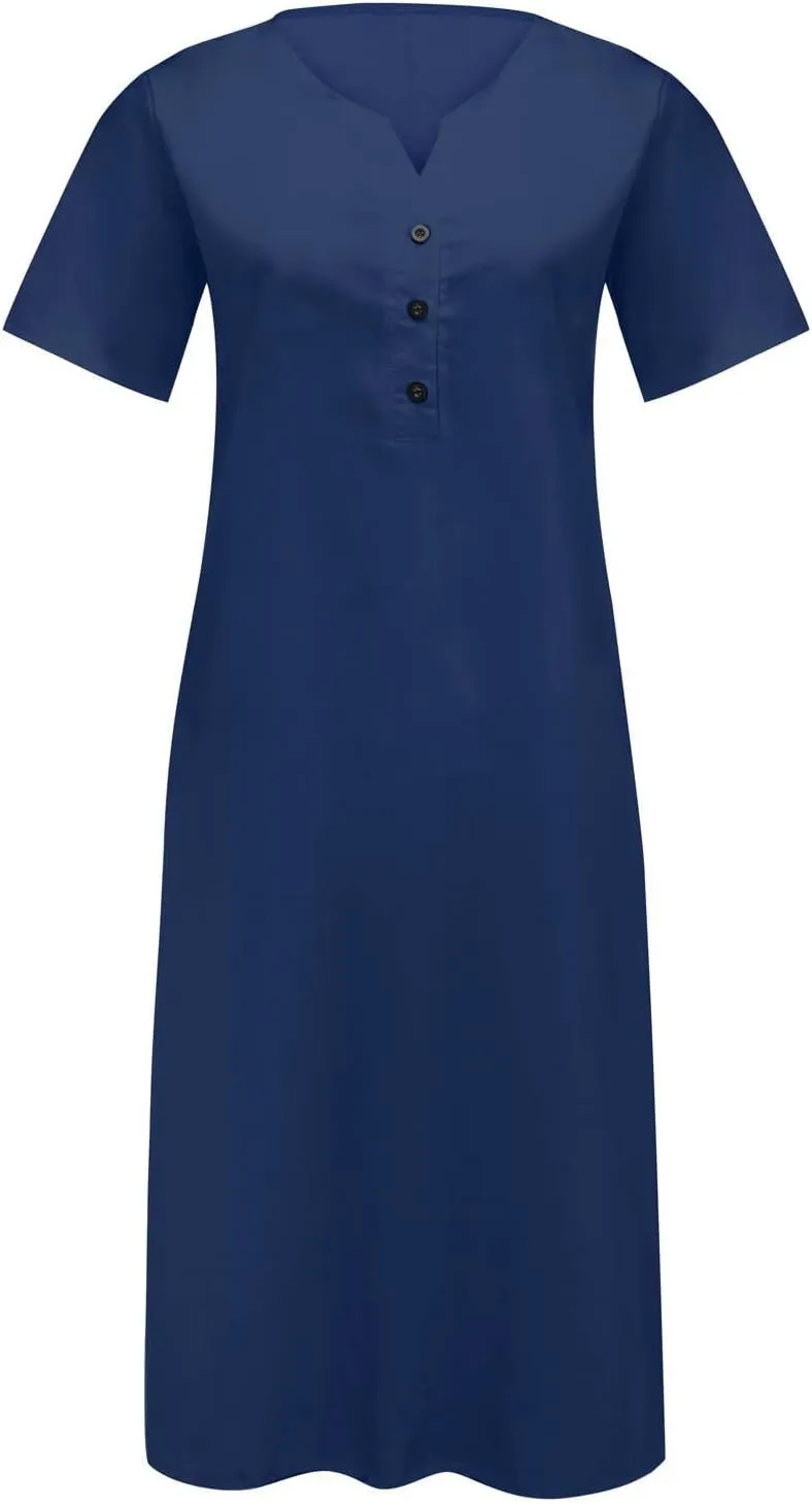 Maxi Dresses for Women 2024 Casual Solid V Neck Shirt Dress Loose Elegant Button Down Half Sleeve Flowy Summer Dress