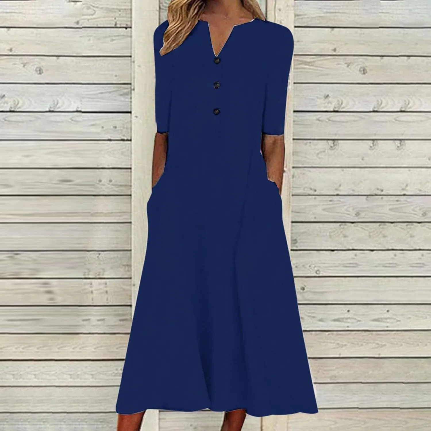 Maxi Dresses for Women 2024 Casual Solid V Neck Shirt Dress Loose Elegant Button Down Half Sleeve Flowy Summer Dress