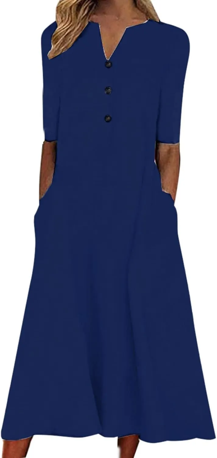 Maxi Dresses for Women 2024 Casual Solid V Neck Shirt Dress Loose Elegant Button Down Half Sleeve Flowy Summer Dress