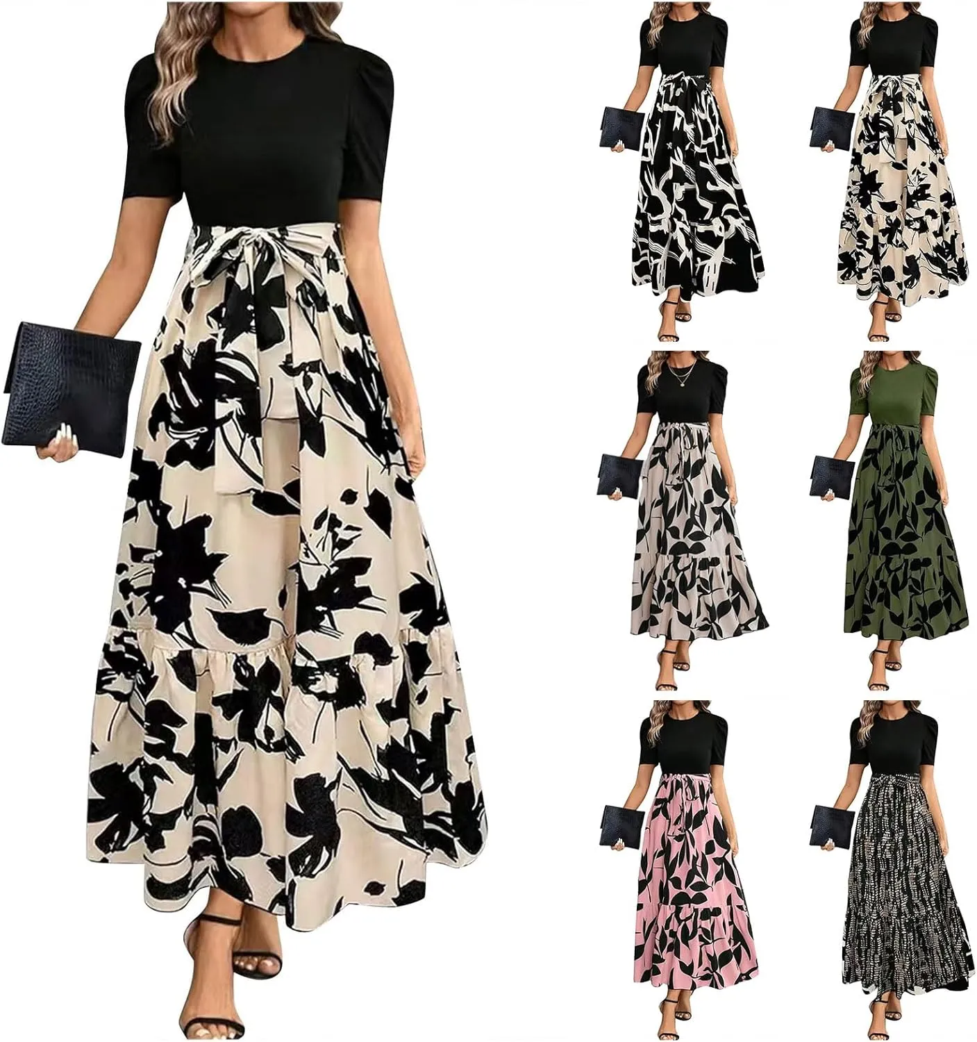 Maxi Dresses for Women Casual Floral Print High Waist Beach Long Flowy Dress Elegant Sundress with Belt