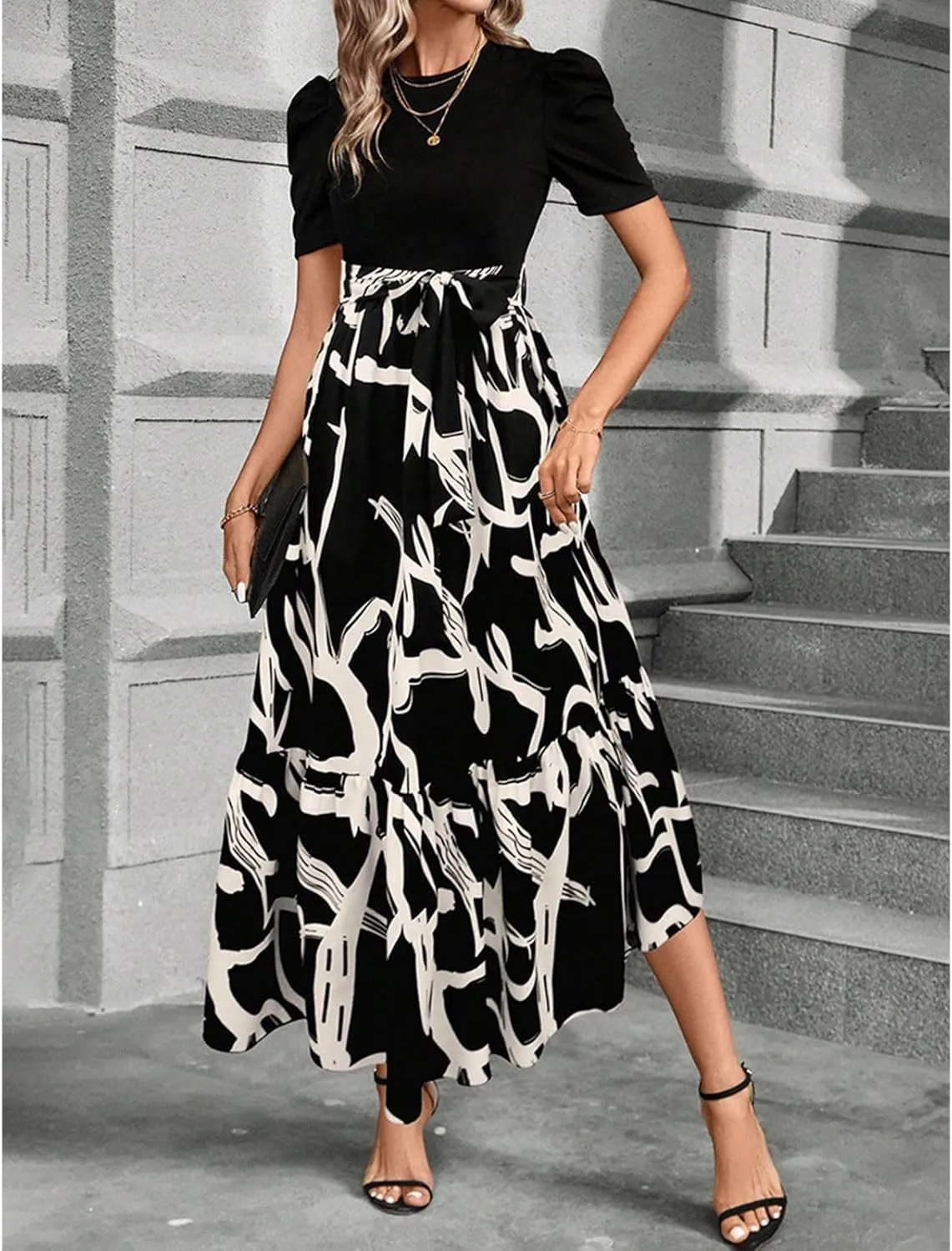 Maxi Dresses for Women Casual Floral Print High Waist Beach Long Flowy Dress Elegant Sundress with Belt
