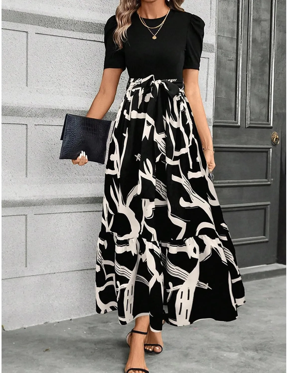 Maxi Dresses for Women Casual Floral Print High Waist Beach Long Flowy Dress Elegant Sundress with Belt