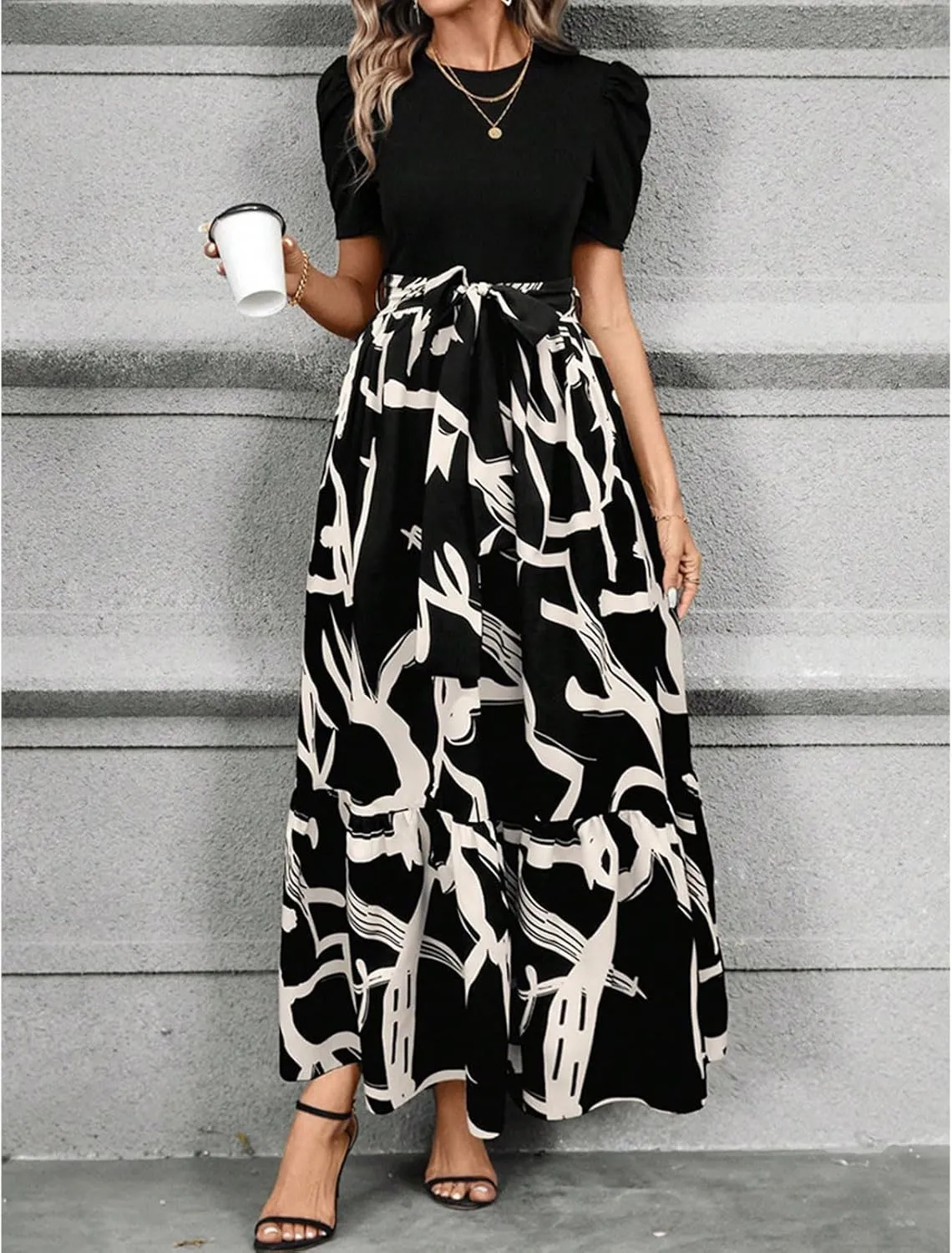 Maxi Dresses for Women Casual Floral Print High Waist Beach Long Flowy Dress Elegant Sundress with Belt