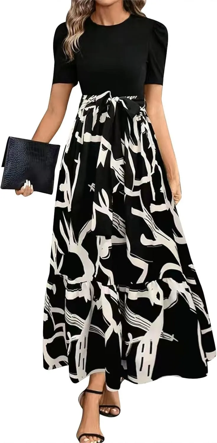 Maxi Dresses for Women Casual Floral Print High Waist Beach Long Flowy Dress Elegant Sundress with Belt