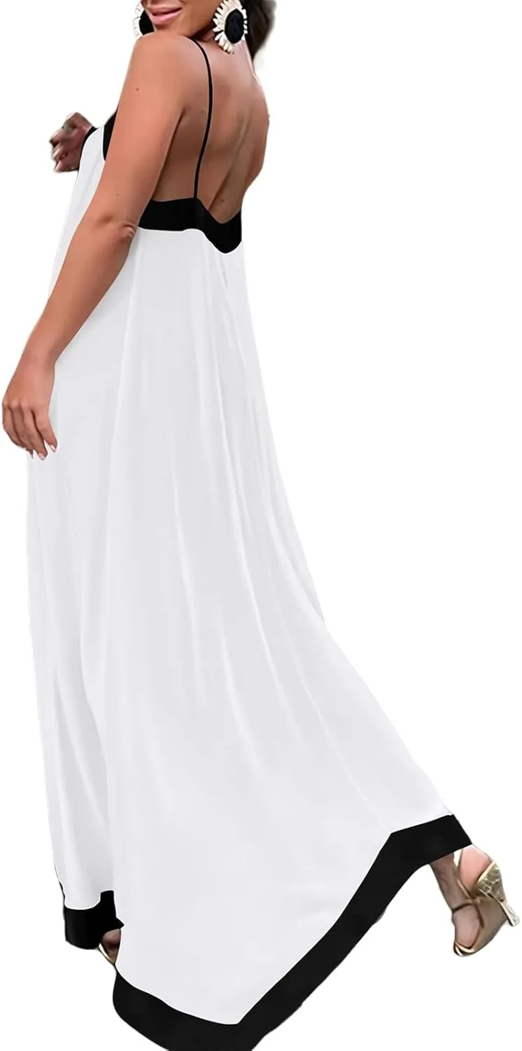 Maxi Dresses for Women Summer Casual Long Dress V Neck Spaghetti Strap Flowy Holiday Party Dresses Beach Sundress