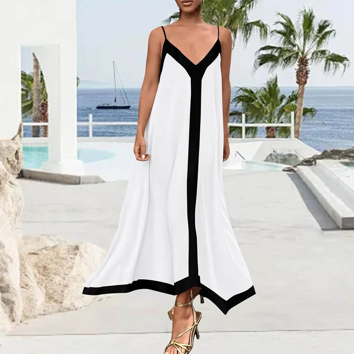 Maxi Dresses for Women Summer Casual Long Dress V Neck Spaghetti Strap Flowy Holiday Party Dresses Beach Sundress
