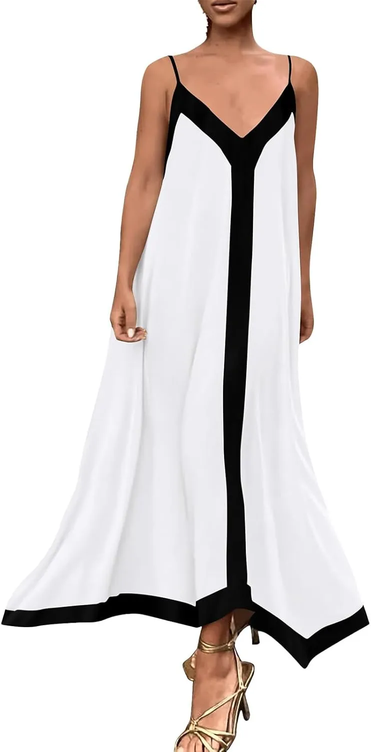 Maxi Dresses for Women Summer Casual Long Dress V Neck Spaghetti Strap Flowy Holiday Party Dresses Beach Sundress